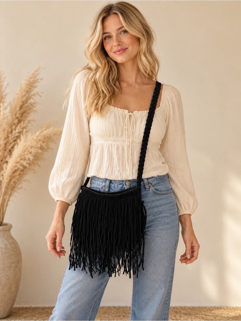 Boho Chic Black Suede Fringe Crossbody Bag